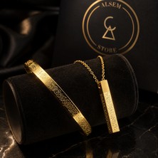 Alsem Store Gümüş Kaplama Ayetel Kürsi Kolye ve Bileklik Seti , Gold Nazar Duası Set