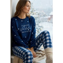 Siyah İnci Lacivert Beyaz Kalp Desenli Nakışlı Polar Kışlık Örme Pijama Takım