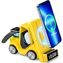 Bg Store T20 15W 5’i 1 Arada Magsafe Kablosuz Şarj Istasyonu, Dijital Saatli Forklift Tasarım, iPhone 16/15/14/13/12, Apple Watch, Airpods Uyumlu Masaüstü Hızlı Şarj Standı (Sarı)