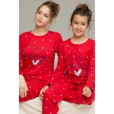 Siyah İnci Kırmızı Kalp Desenli Pamuklu Bisiklet Yaka Örme Pijama TAKIM25241158