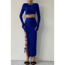 Woman Vision Kadın Saks Mavi Sandy Kumaş El Geçmeli Crop ve Yırtmacı Bağcık Detay Midi Etek Ikili Takım 299