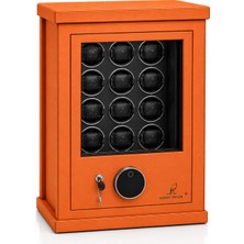 Robert Taylor Watch Winder Buckingham Collection | 12 Slotlu Ziynet Çekmeceli Güvenlik Kasası | Parmak İzi, Şifre ve Anahtar Kontrollü | Yanmaz Çelik Kasa | Turuncu / Alcantara Siyah