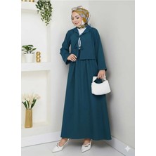 Exit Collection Kadın Tesettür Keten Kumaş Crop Petrol Mavisi Önden Bağlamalı Şık Modern Etekli Ikili Kimono Takım