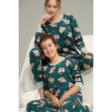 Siyah İnci Yeşil Koala Desenli Pamuklu Bisiklet Yaka Örme Pijama TAKIM25241150