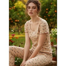 Siyah İnci Ten Rengi Çiçek Desenli Dantelli Fitilli Kaşkorse Örme Pijama Takım 26120552