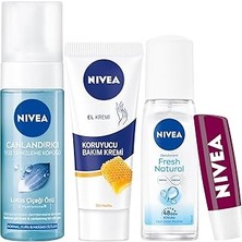 Renas Store Kadın Pump Deodorant Fresh Natural 75ML, Canlandırıcı Yüz Temizleme Köpüğü 150ML, Koruyucu Balmumu El Kremi 75ML, Böğürtlen Dudak Bakım Kremi