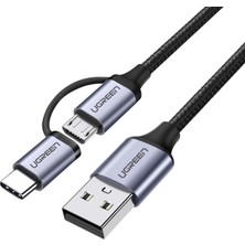 Ugreen 2'si 1 Arada Örgülü Type-C Micro USB Şarj ve Data Kablosu 1 Metre