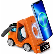 Bg Store T20 15W 5’i 1 Arada Magsafe Kablosuz Şarj Istasyonu, Dijital Saatli Forklift Tasarım, iPhone 16/15/14/13/12, Apple Watch, Airpods Uyumlu Masaüstü Hızlı Şarj Standı (Turuncu)