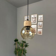 Bamyum Oria Bal Rengi Cam Tekli Avize Geniş Ahşap Başlık Retro Sarkıt Lamba Salon Aydınlatma