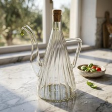 Bg Store 500 ml Akasya Ahşap Kapaklı Borosilikat Cam Yağlık ve Sirkelik - Düz ve Çizgili Desen Seçenekleriyle Şık Konik Tasarımlı Cam Kulplu Damlatmaz Mutfak Gereci (Çizgili)