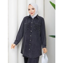Exit Collection Kadın Tesettür Kot Takım Önü Düğme Cep Detaylı Ceket Tunik Boy Pantolon Takım