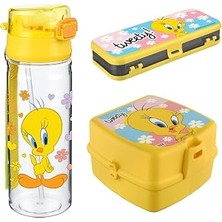 Nacario 3'lü Okul Seti Suluk ve Kare Beslenme Seti ve Kalemlik - Sızdırmaz Suluk ve Çok Bölmeli Beslenme Kutusu ve Kalemlik (Tweety)