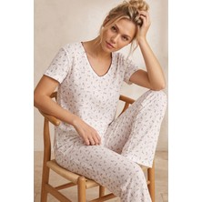 Siyah İnci Ekru Çiçek Desenli Pointelli Örme Pijama Takımı 26120680