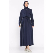 Julude Polo Yaka Bel Kuşaklı Çift Cepli Tesettür Elbise P-00022687