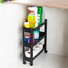 Bg Store Çok Amaçlı Siyah 3 Katlı Tekerlekli Dikdörtgen Banyo Raf Ünitesi