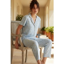 Siyah İnci Mavi Çiçek Desenli Düğmeli Biyeli Viskon Örme Pijama Takım 26120761