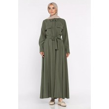 Julude Polo Yaka Bel Kuşaklı Çift Cepli Tesettür Elbise P-00022687