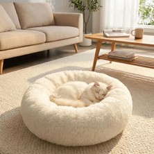 Renas Store Yuvarlak Ultra Yumuşak Welsoft Peluş Kedi ve Köpek Yatağı – Kaymaz Taban Tüylü Pet Pufu,uyku Minderi (Krem)