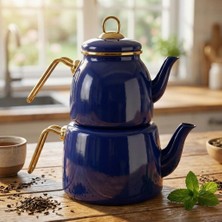 Starseven Deconox Içten Kaplamalı Emaye Çaydanlık Takımı - Gold Detaylı Nostaljik Alt Üst Çay Seti (1.2 Litre