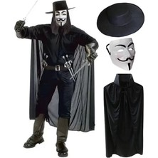Renas Store V For Vendetta Maskesi Şapkası ve Pelerin Kostüm Seti Yetişkin Boy