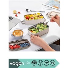 Bg Store 2000ML Lunchbox 2 Katlı 3 Bölmeli Mini Kaseli Çelik Sefer Tası Yemek Kutusu (Beyaz)