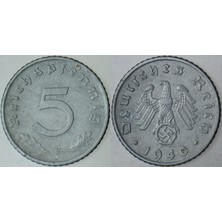 Banknoting Almanya 5 Pfennig 1940 F. Iı. Dünya Savaşı Iıı Reich Dönemi. Çinko.