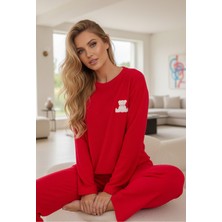 Siyah İnci Kırmızı Nakışlı Havlu Kumaş Örme Pijama TAKIM25226007