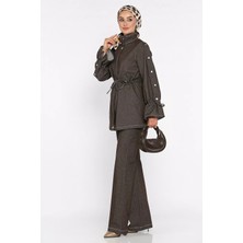 Julude Ön Fermuarlı ve Düğmeli Bel Bağlamalı Jean Kot Ceket Pantolon Tesettür Ikili Takım P-00022681