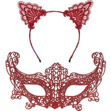 Renas Store Üreticiniz Romantik Kırmızı Dantel Maske Seti – Kedi Kulaklı Taç ve Maske 3 No