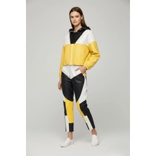 Deriderim Siyah Beyaz Sarı Colorblock  Beli Lastikli Bağcıklı Paçası  Fermuarlı Kadın Hakiki Deri Pantolon