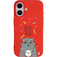Casen iPhone 16 Plus Kırmızı Lansman Renkli Silikon Best Wishes Kedi Tasarımlı Kılıf