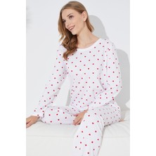 Siyah İnci Beyaz Kırmızı Kalp ve Puan Desenli Örme Pijama Takım 7792