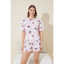 Siyah İnci Pembe Hediye Kutusu Desenli Örme Şort-Pijama Takım