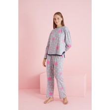 Siyah İnci Gri Fuşya Yıldız Desenli Biyeli Örme Pijama Takım