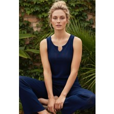 Siyah İnci Lacivert Pointel Ajurlu/delikli Kolsuz Örme Pijama TAKIM26120566