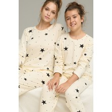 Siyah İnci Ekru Yıldız Desenli Pamuklu Bisiklet Yaka Örme Pijama TAKIM25241151