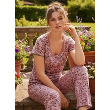 Siyah İnci Pudra Pembe Çiçek Desenli Dantelli Fitilli Kaşkorse Örme Pijama Takım 26120552