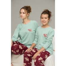 Siyah İnci Yeşil Bordo Koala Desenli Pamuklu Bisiklet Yaka Örme Pijama TAKIM25241156