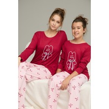 Siyah İnci Vişne Kurdele Desenli Pamuklu Bisiklet Yaka Örme Pijama TAKIM25241136