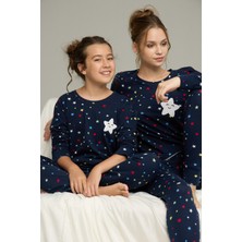 Siyah İnci Lacivert Yıldız Desenli Pamuklu Bisiklet Yaka Örme Pijama TAKIM25241130