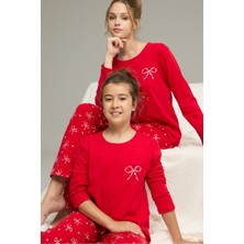 Siyah İnci Kırmızı Kurdele Desenli Pamuklu Bisiklet Yaka Örme Pijama TAKIM25241155
