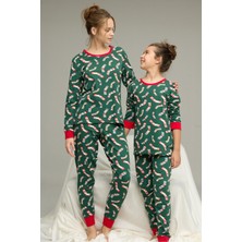 Siyah İnci Yeşil Desenli Pamuklu Bisiklet Yaka Örme Pijama TAKIM25241133