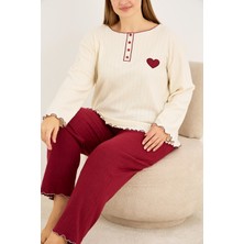 Siyah İnci Bordo Kalp Nakışlı Büyük Beden Örme Interlok Pijama TAKIM25228002