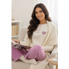 Siyah İnci Pembe Kalp Nakışlı Örme Interlok Pijama TAKIM25226009
