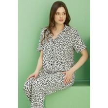 Siyah İnci Ekru Desenli Bürümcük Krınkıl Kumaş Örme Düğmeli Pijama TAKIM25118548