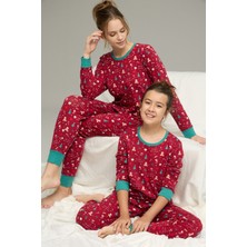 Siyah İnci Bordo Yılbaşı Desenli Pamuklu Bisiklet Yaka Örme Pijama TAKIM25241131