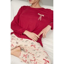 Siyah İnci Vişne Fiyonk Desenli Nakışlı Örme Pamuklu Pijama Takım 25240205