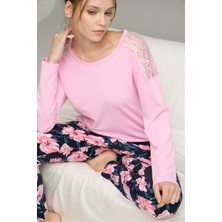 Siyah İnci Pembe Desenli Örme Pamuklu Pijama TAKIM25240203