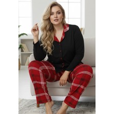 Siyah İnci Siyah Desenli Büyük Beden Battal Boy Gömlek Yaka Düğmeli Milan Örme Pijama TAKIM25224306