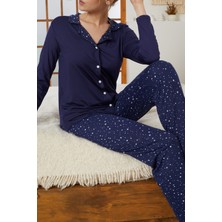 Siyah İnci Lacivert Yıldız Desenli Gömlek Yaka Düğmeli Milan Örme Pijama TAKIM25224007
